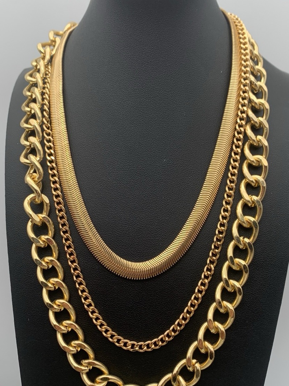 Chunky heavy Gold Tone Layered snake chain Cuban curb link Chain Necklace Set
